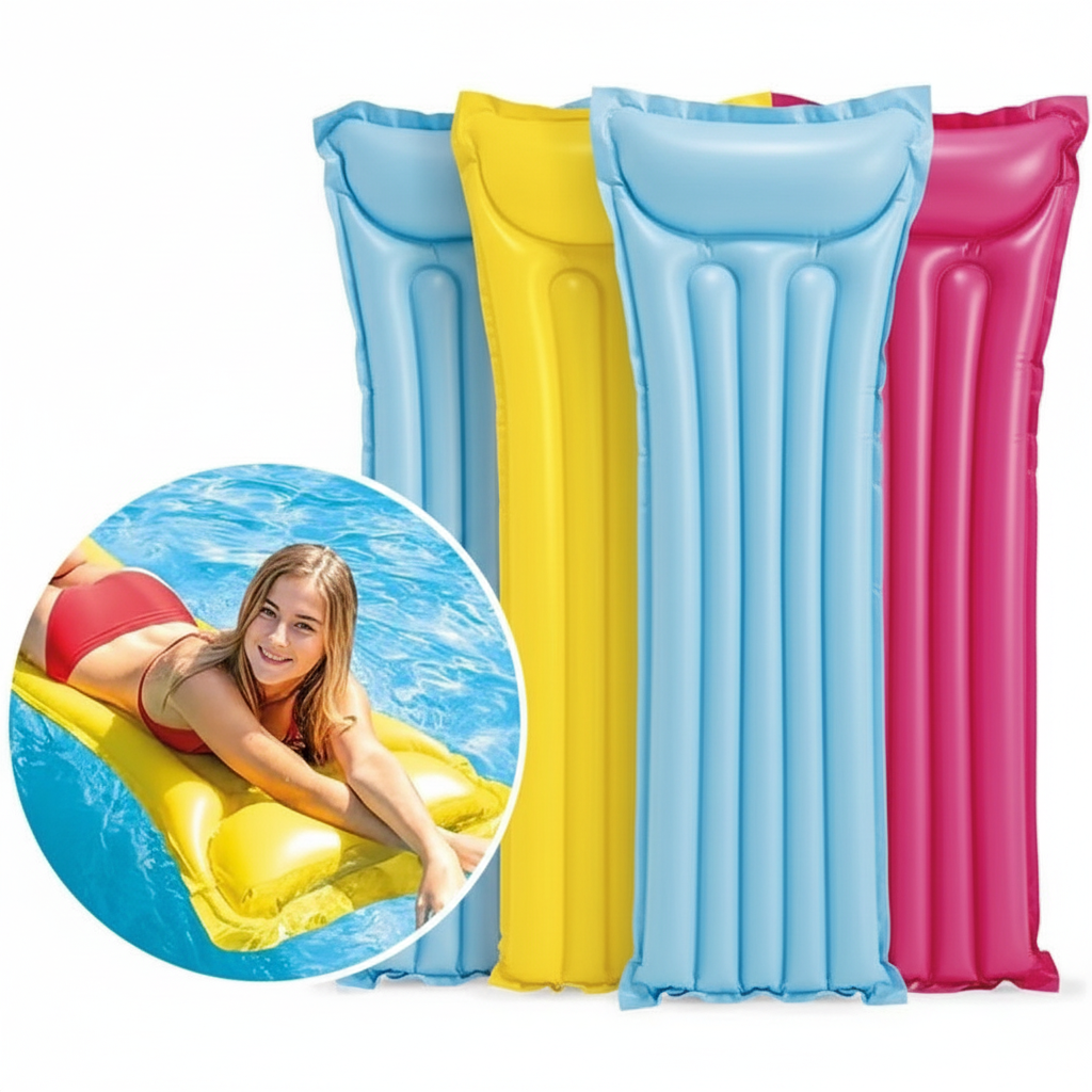 Three inflatable pool floats in yellow, pink, and blue with a woman lounging on a yellow float in the water.