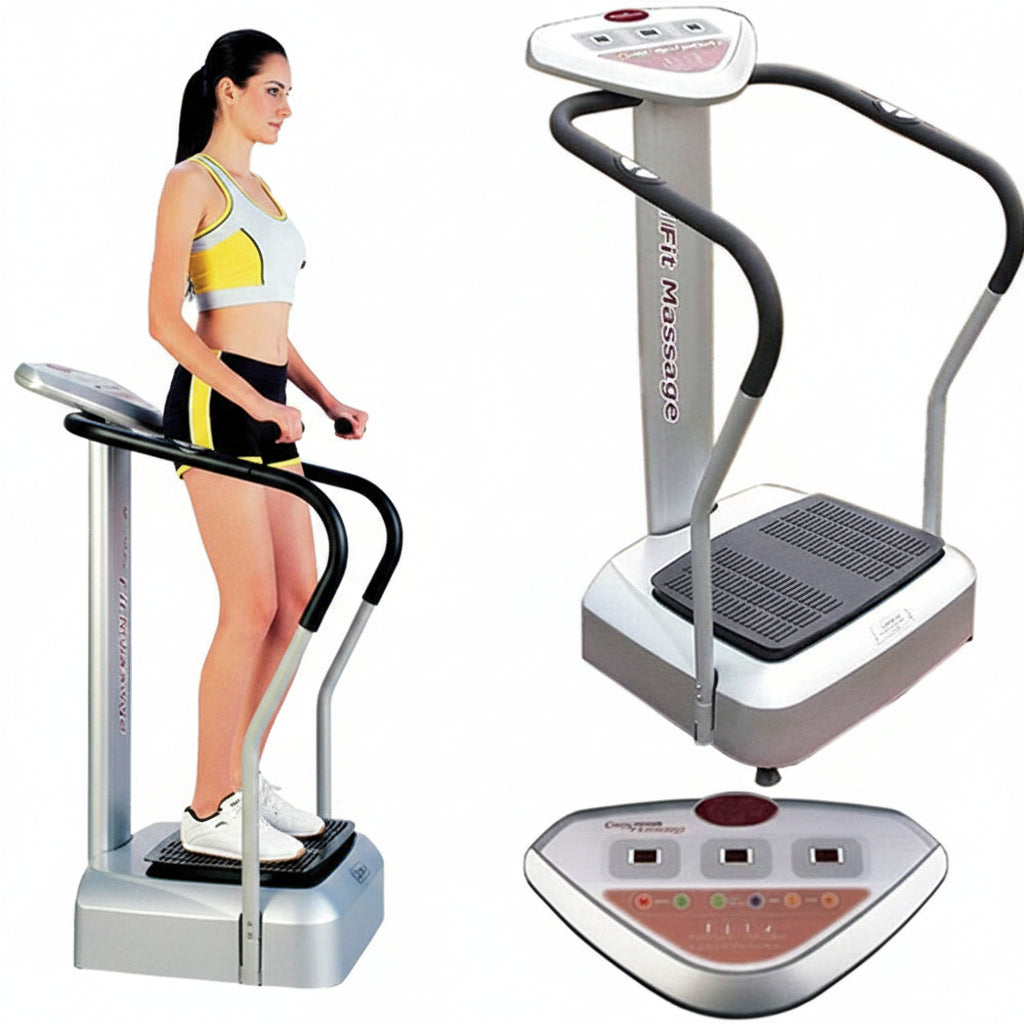 Woman using a vibration plate machine on a white background