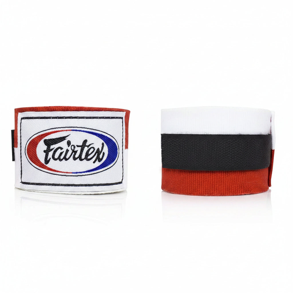 Two boxing hand wraps with Fairtex logo on a white background