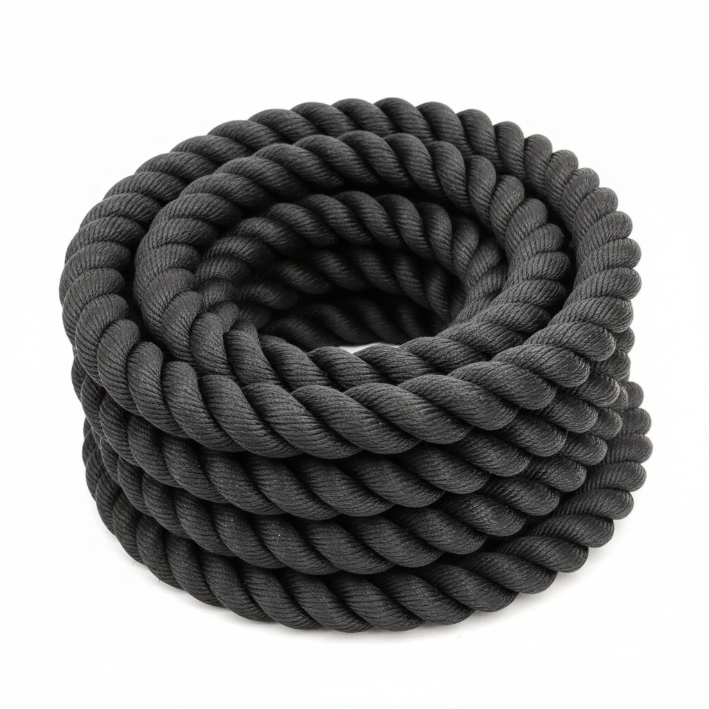 Close-up of thick black twisted rope or cable coiled