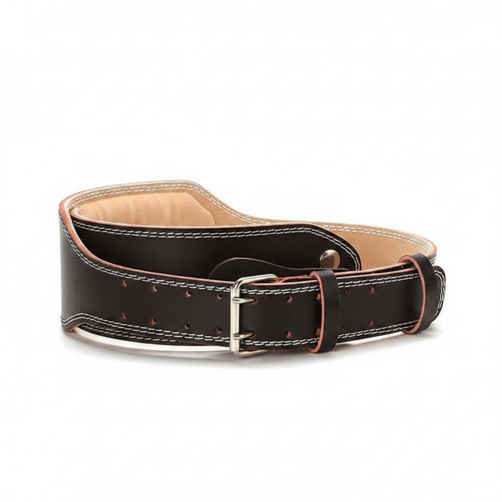 A black leather belt with white contrast stitching, silver-tone metal hardware, and a tan interior lining