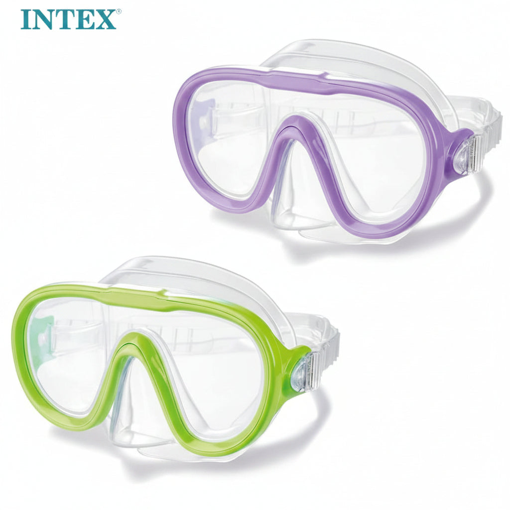 Two diving masks with purple and green frames on a white background, Intex brand visible.
