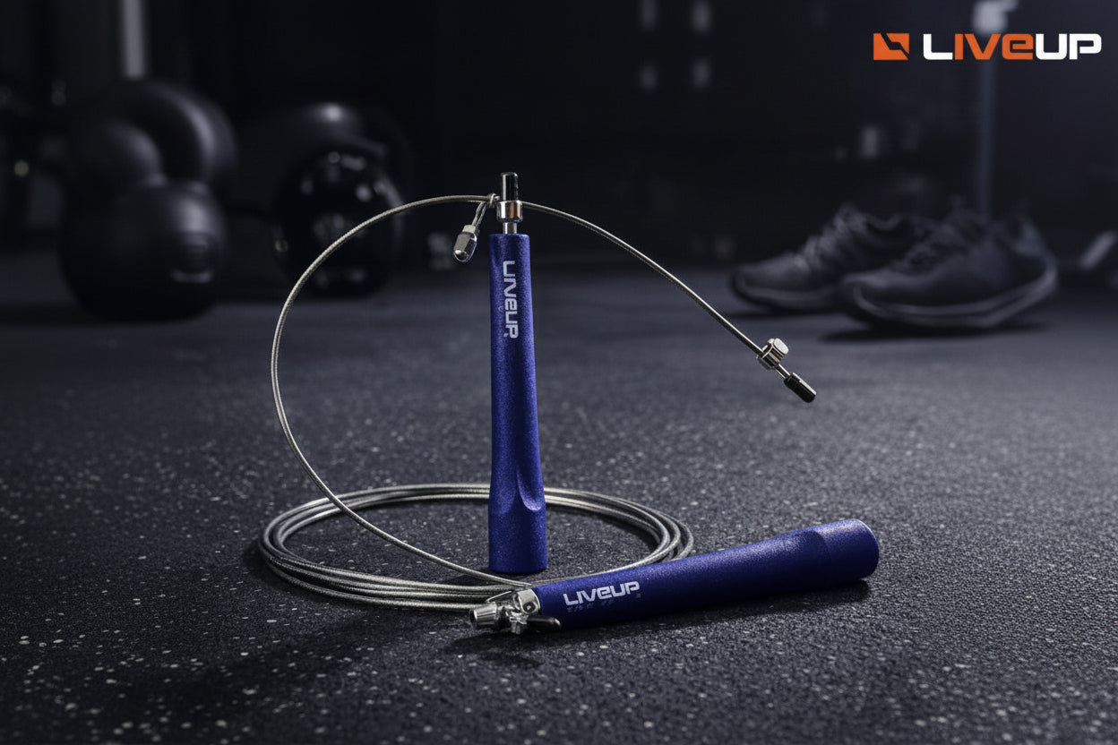 LiveUp jump rope on a dark textured surface with 'LiveUp' branding.