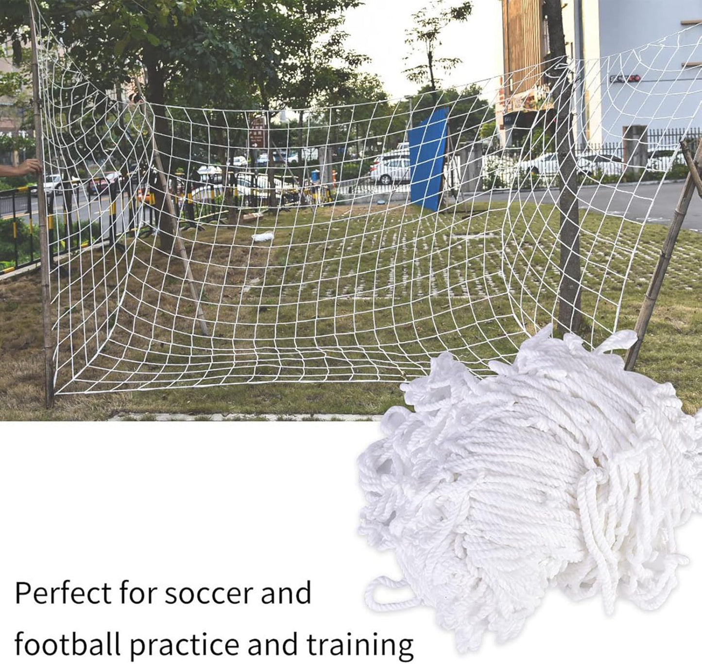 Soccer goal net with additional netting on a grassy area with cars and trees in the background.