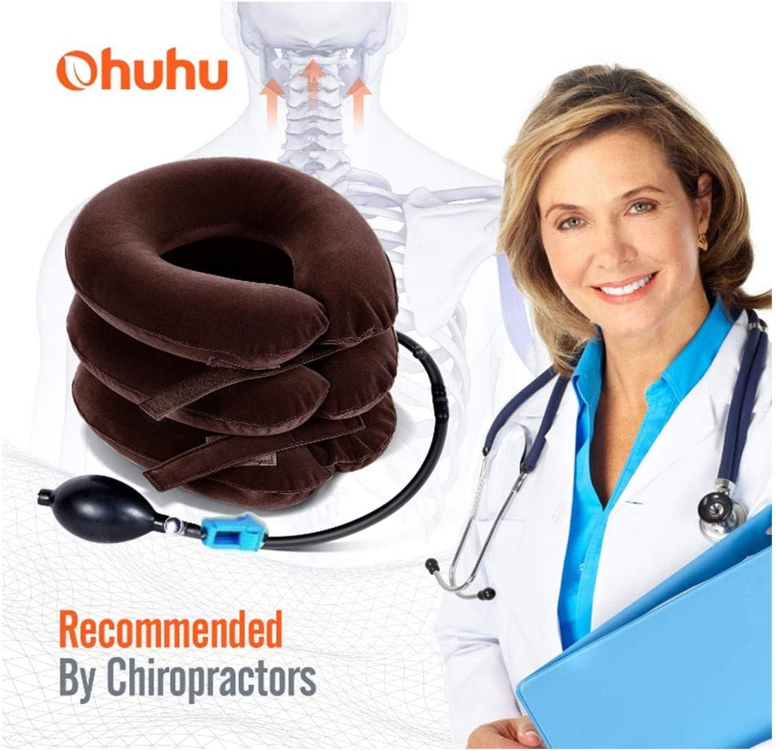 Inflatable neck pillow with a doctor and skeleton illustration,
