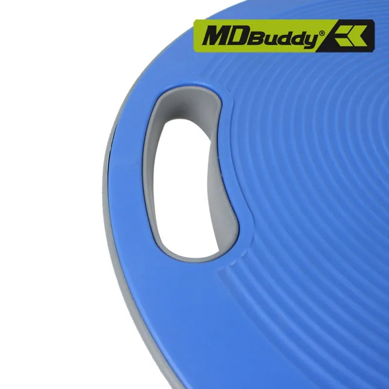 Close-up of a blue circular balance board with a gray handle cutout and an MDBuddy brand logo overlay in the top right corner.