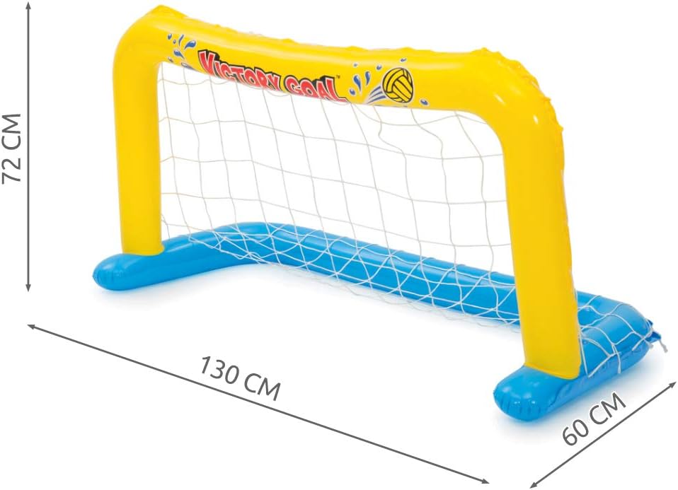 Yellow and blue inflatable mini soccer goal with white netting, shown with dimension lines and labels indicating 72 cm height, 130 cm width, and 60 cm depth on a white background.