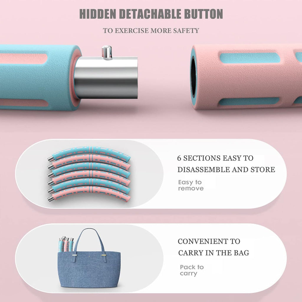 An infographic-style product image on a pale pink background showing a fitness handlebar grip with a detachable button. 