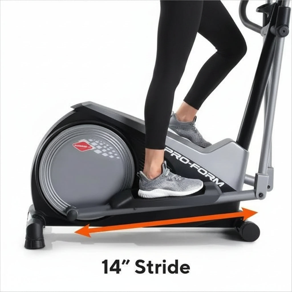 Person using a ProForm elliptical with a focus on stride length indication.