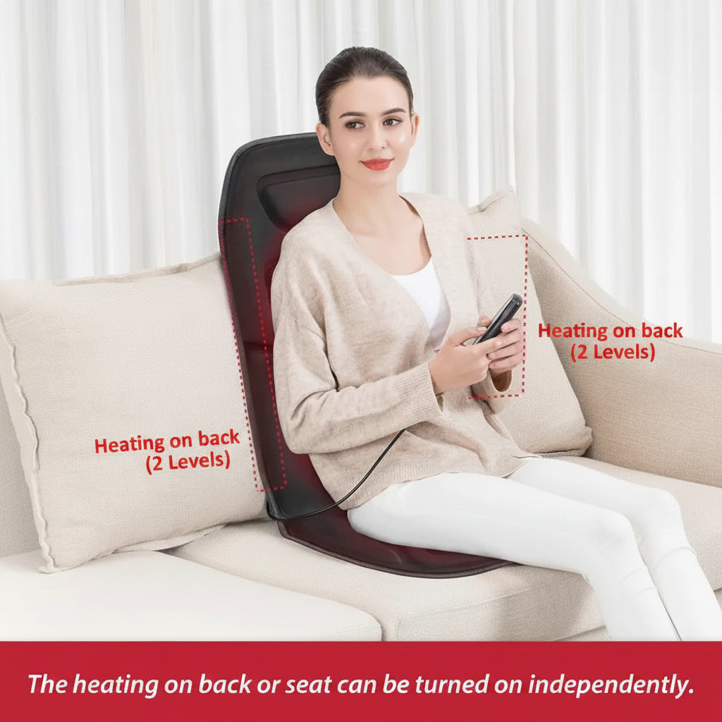 Woman using a massage chair with heating functions on a white couch.