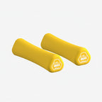 Pair of yellow dumbbells on a white background