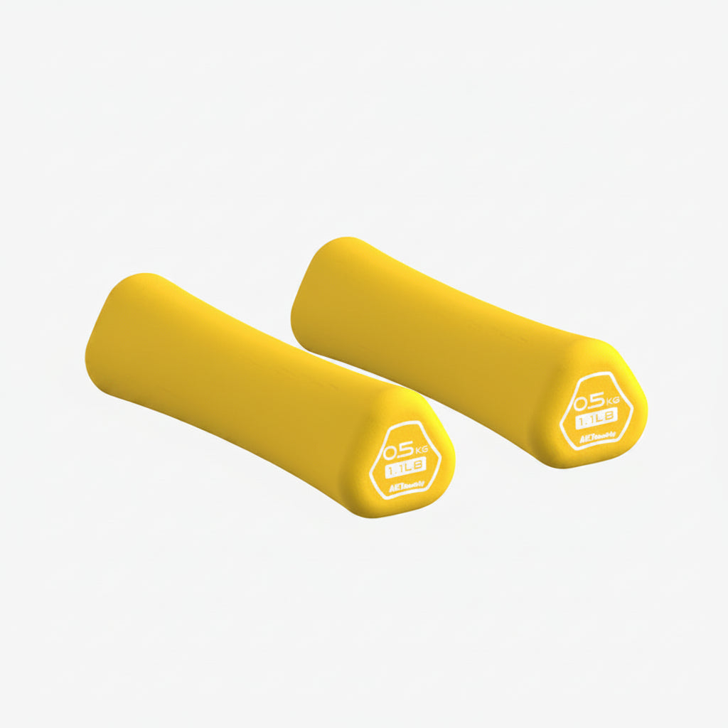 Pair of yellow dumbbells on a white background