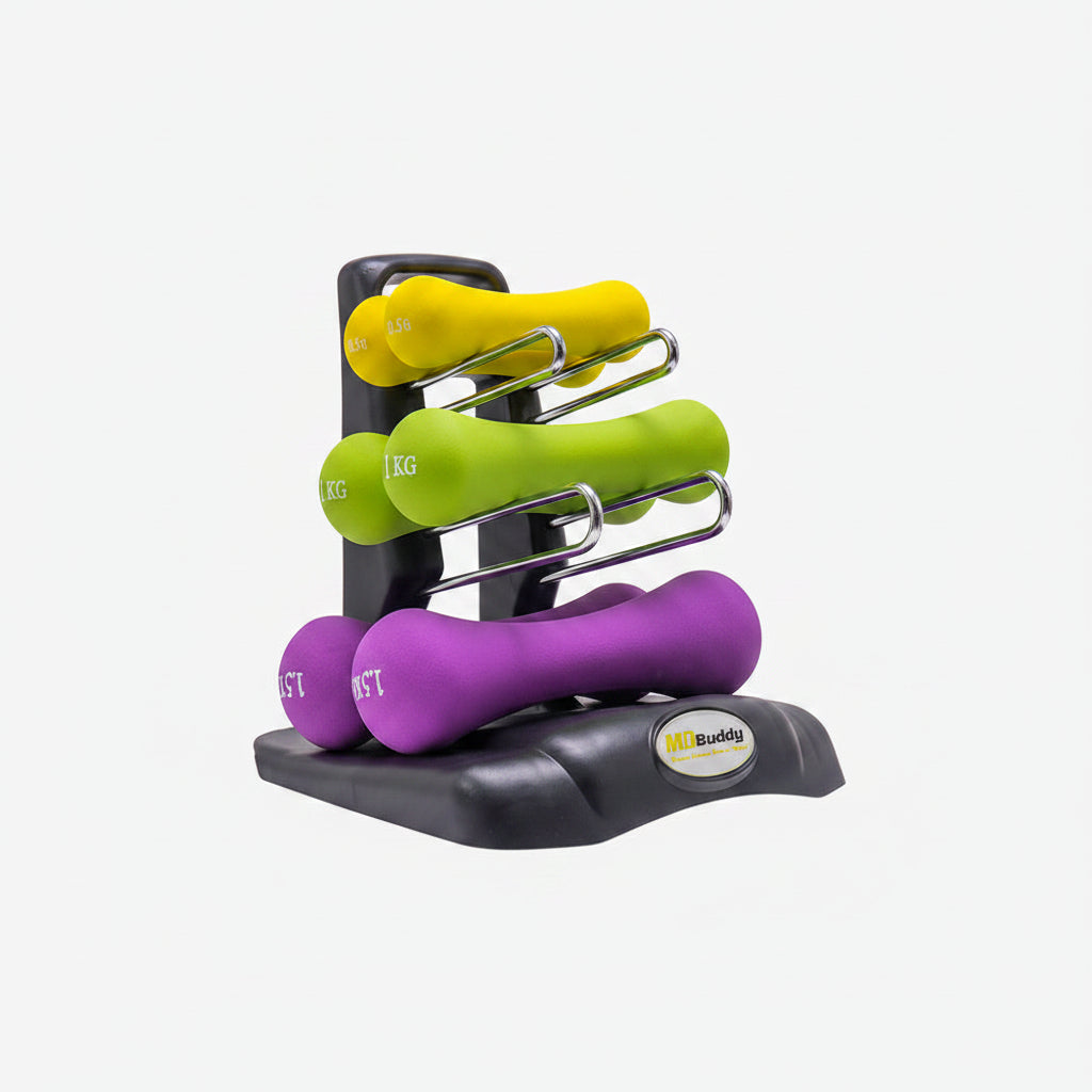 Set of colorful dumbbells on a black stand against a white background
