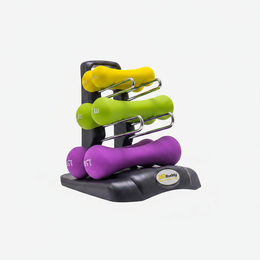 Set of colorful dumbbells on a black stand against a white background