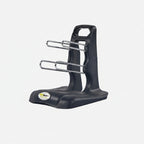 Black metal bottle rack on a white background