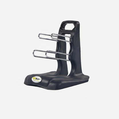 Black metal bottle rack on a white background
