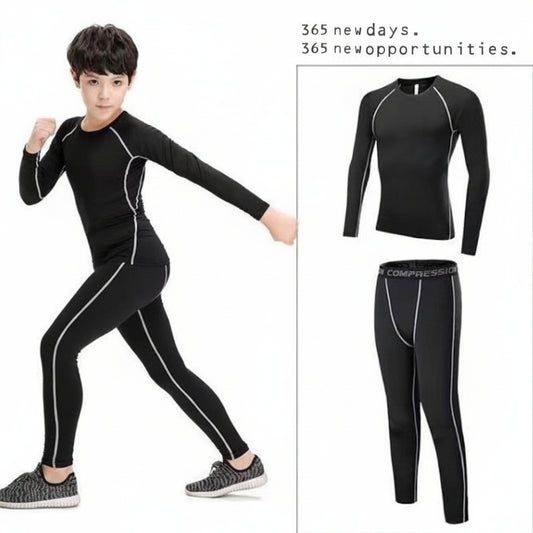  wearing black compression suit with inset images of the suit components.