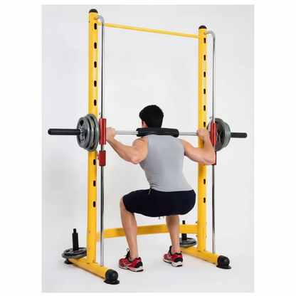 The rack adjusts to 10 levels (19.75"–69") with 5.5" spacing, accommodating different users and exercises such as squats, bench presses, and pull-ups.

