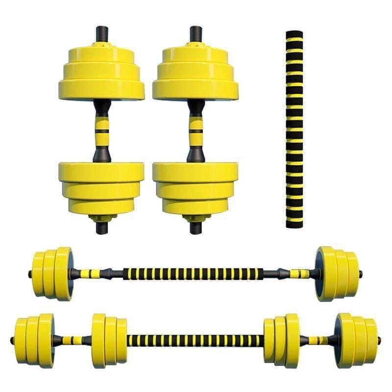 Yellow dumbbells with black and yellow striped handles on a white background