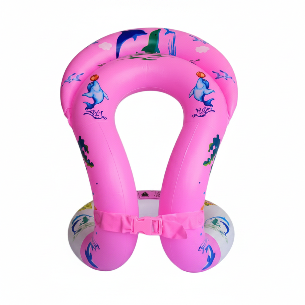 Pink inflatable neck float with dolphin design on a white background
