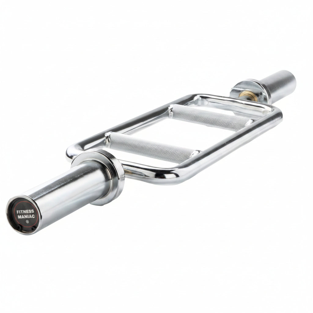 A polished chrome deadlift barbell with a textured grip and a black 