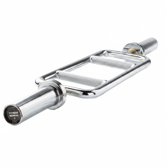 A polished chrome deadlift barbell with a textured grip and a black 