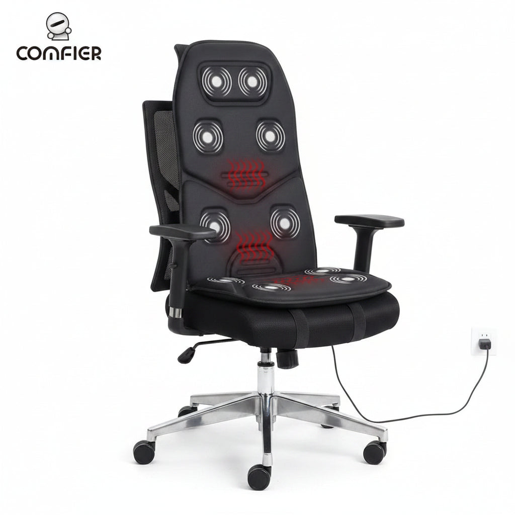 Black massage seat cushion with heating indicators on a white background, featuring the Comfier brand.
