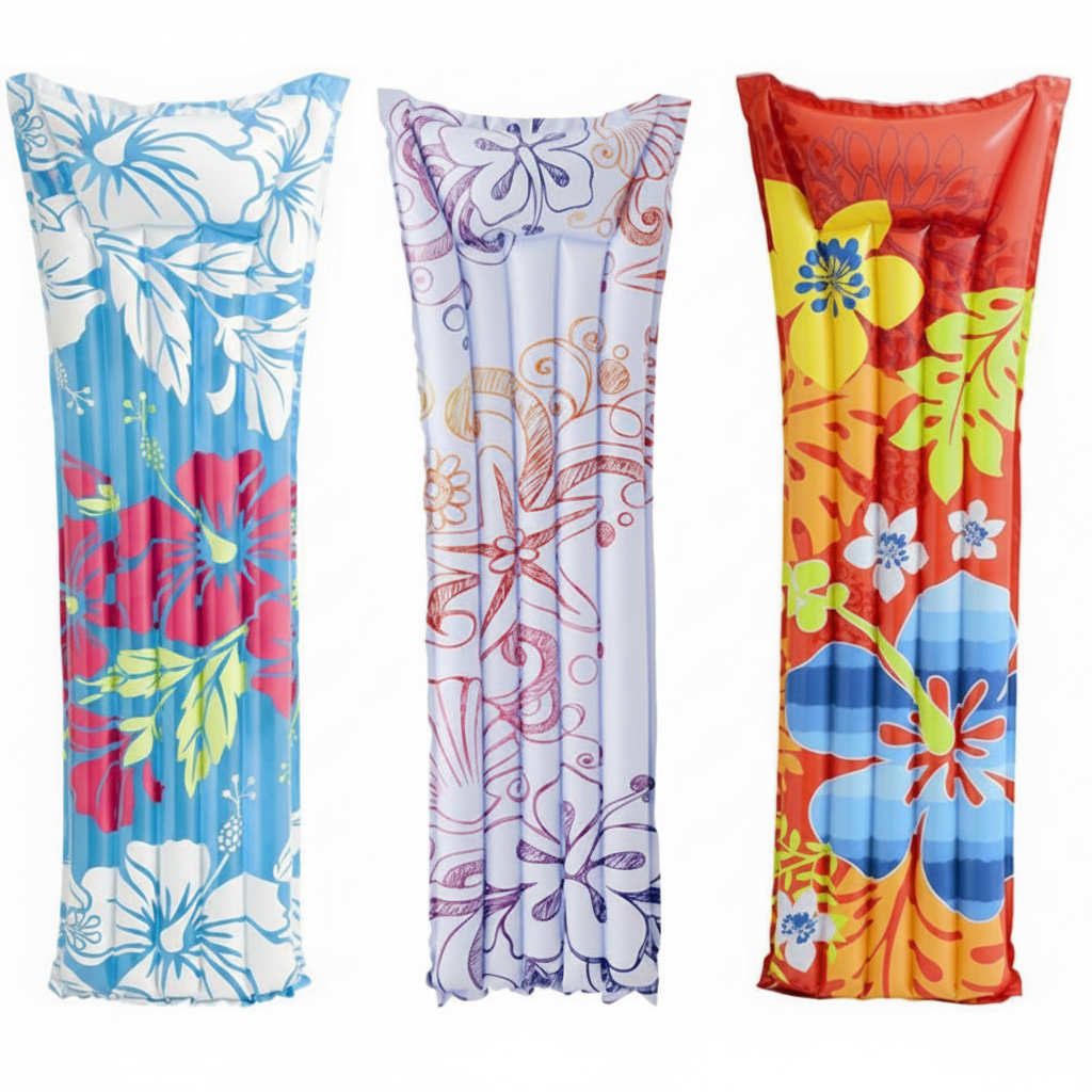 Three colorful inflatable pool float backrests shown side by side on a white background, each with a different tropical floral print. The left float is blue and white with red and yellow flowers, the middle is white and purple with pink and orange motifs, and the right is orange and red with yellow and blue flowers.