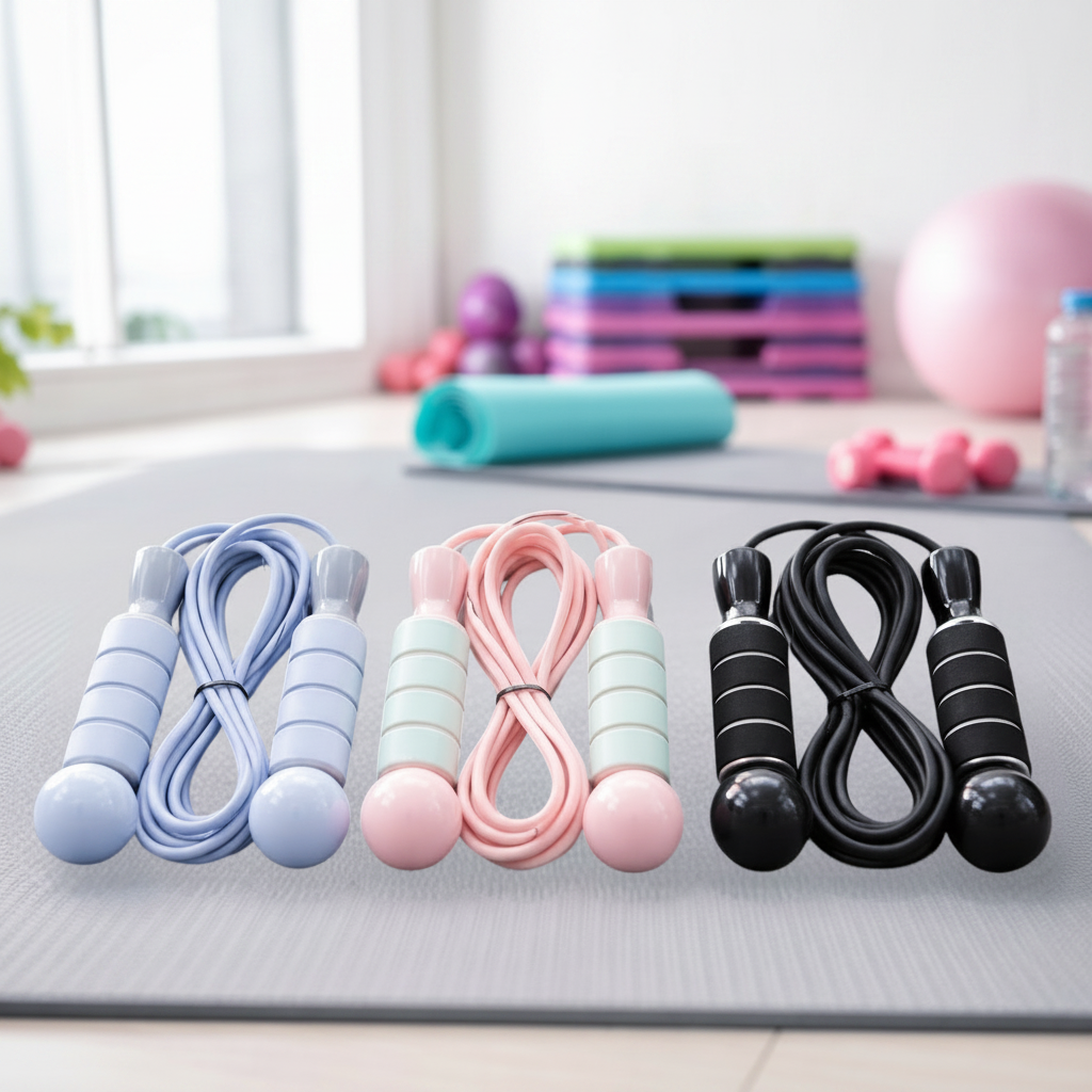 Three pairs of jump ropes in light blue, pastel pink, and black are arranged side by side on a gray yoga mat in a bright, softly blurred gym setting. 