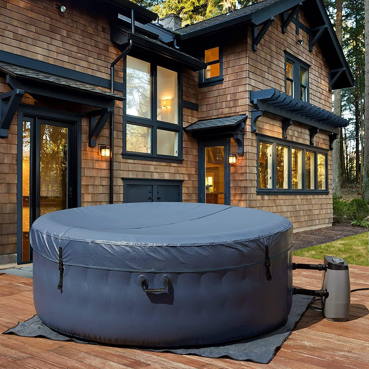 QUICK INFLATION AND RAPID HEATING: Connect the external pump and press the "bubble button" on the LCD display controls to quickly inflate your outdoor spa tub, easy to replace and dissassemble. Water temperature heats range from min 68℉ to max 104℉(20℃-40℃). Environment temperature is over 25℃, it can be heated to a max of 104℉(40℃). Set spa’s temperature 12-24 hours in advance. Do not use it under 32℉. Inflate less than 5 min
