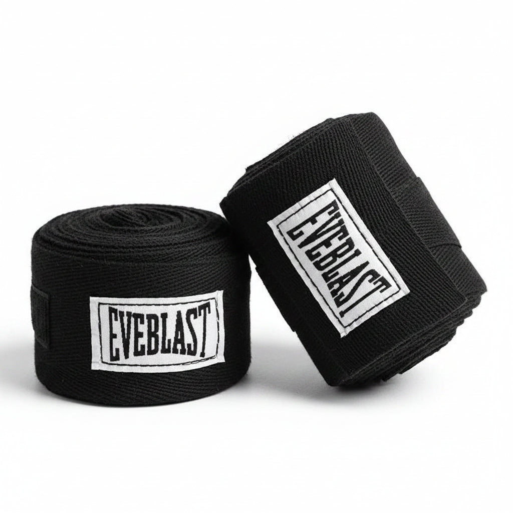 Two rolls of black Everlast boxing hand wraps on a white background