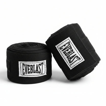 Two rolls of black Everlast boxing hand wraps on a white background