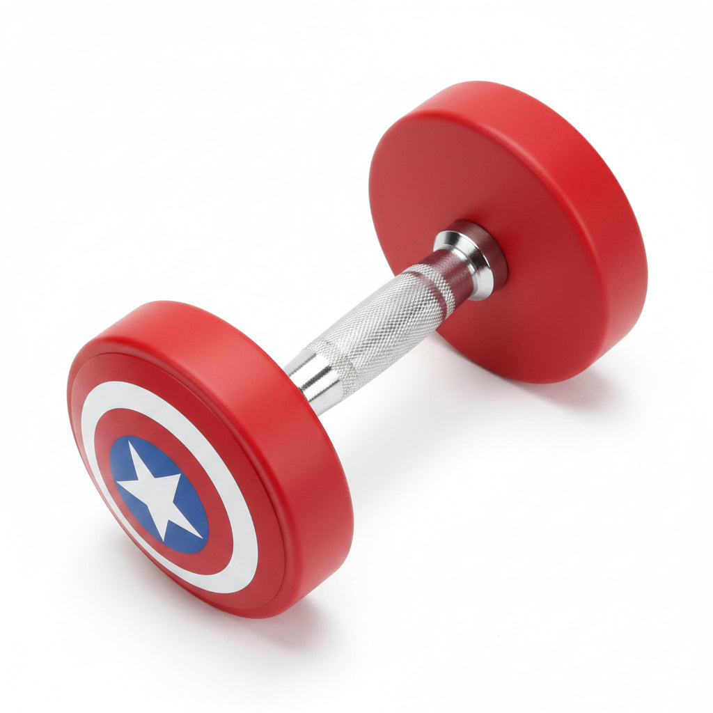 Red dumbbells with a Captain America shield design on a white background
