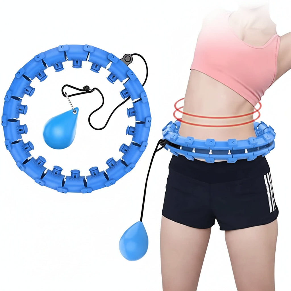 Blue hula hoop with weight loss bands around a person's waist