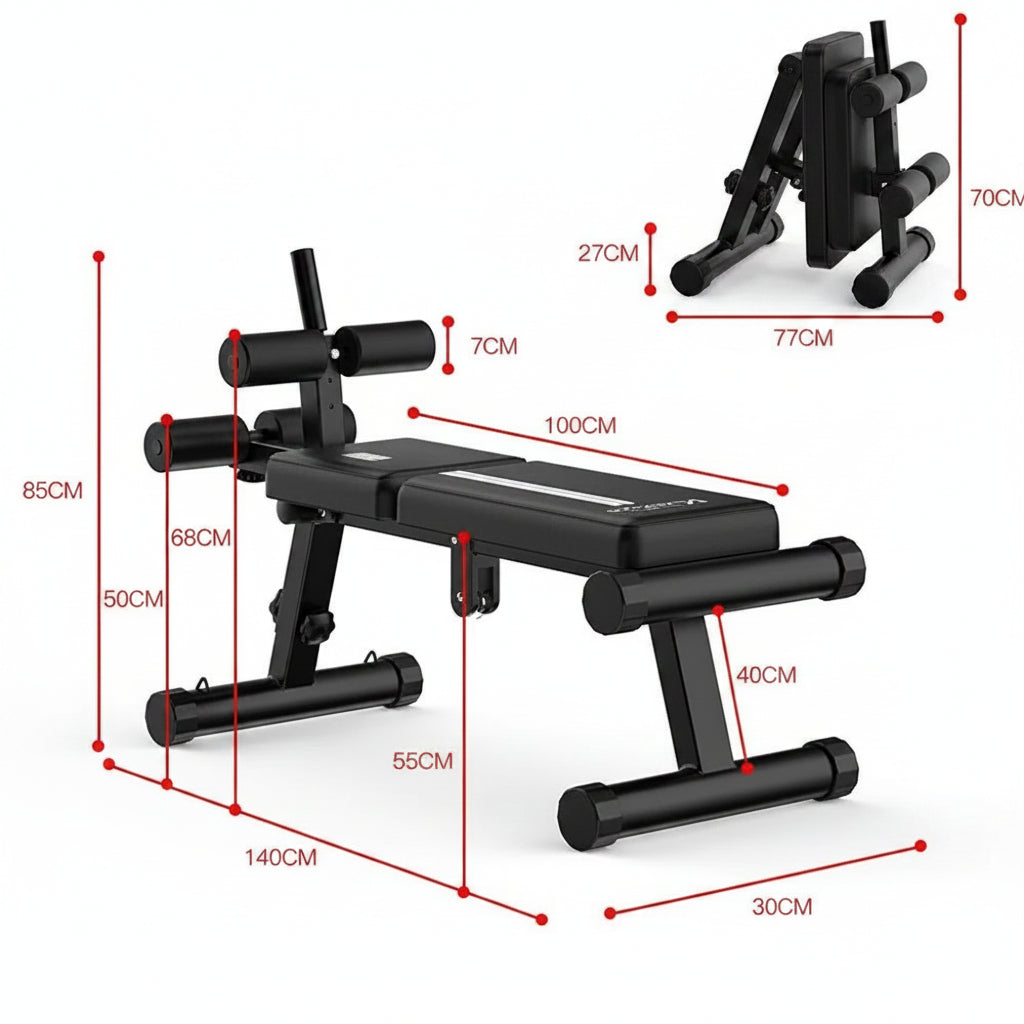 Foldable weight bench with dimensions marked on a white background