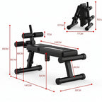 Foldable weight bench with dimensions marked on a white background