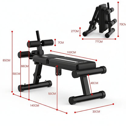 Foldable weight bench with dimensions marked on a white background