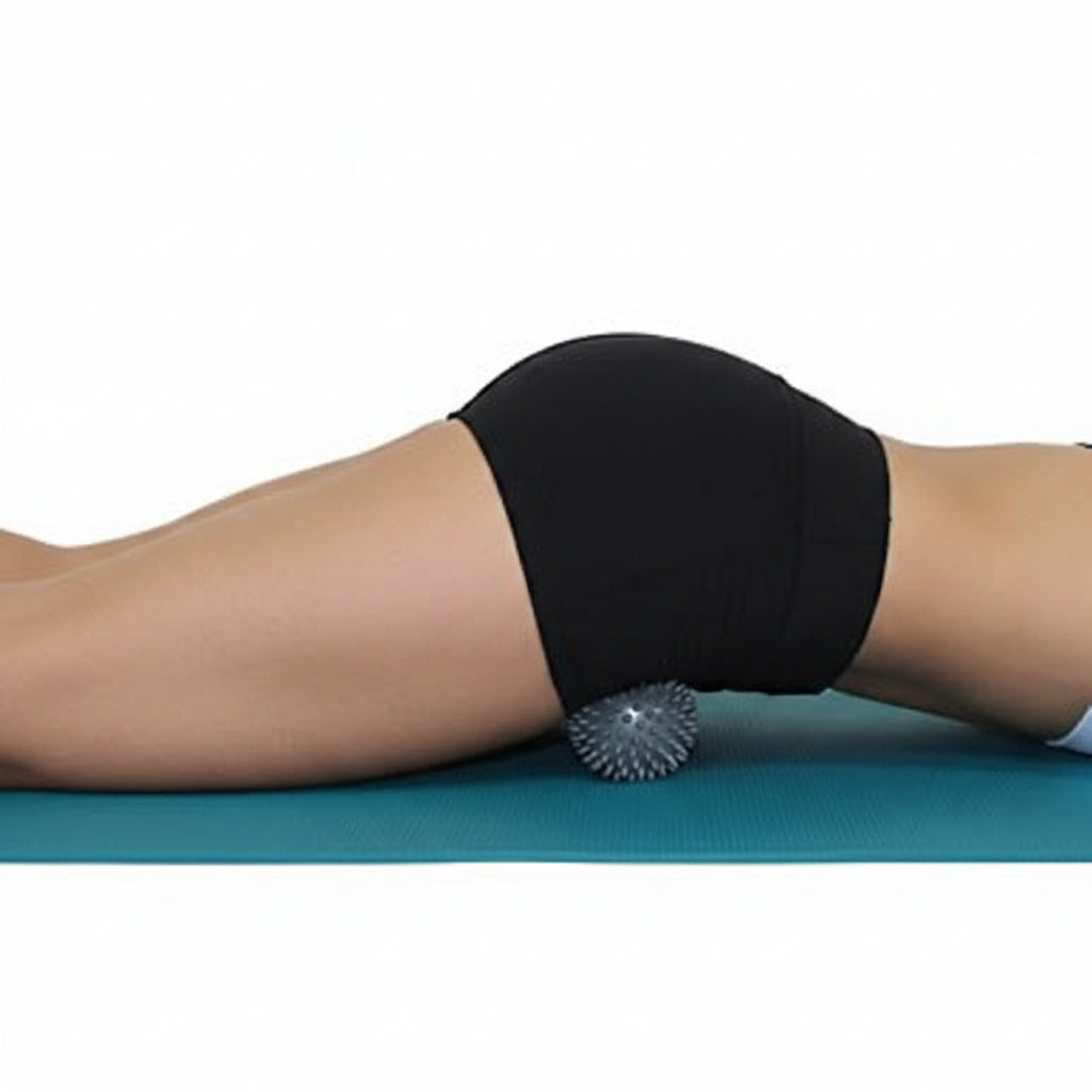 Person using a foam roller on a teal surface