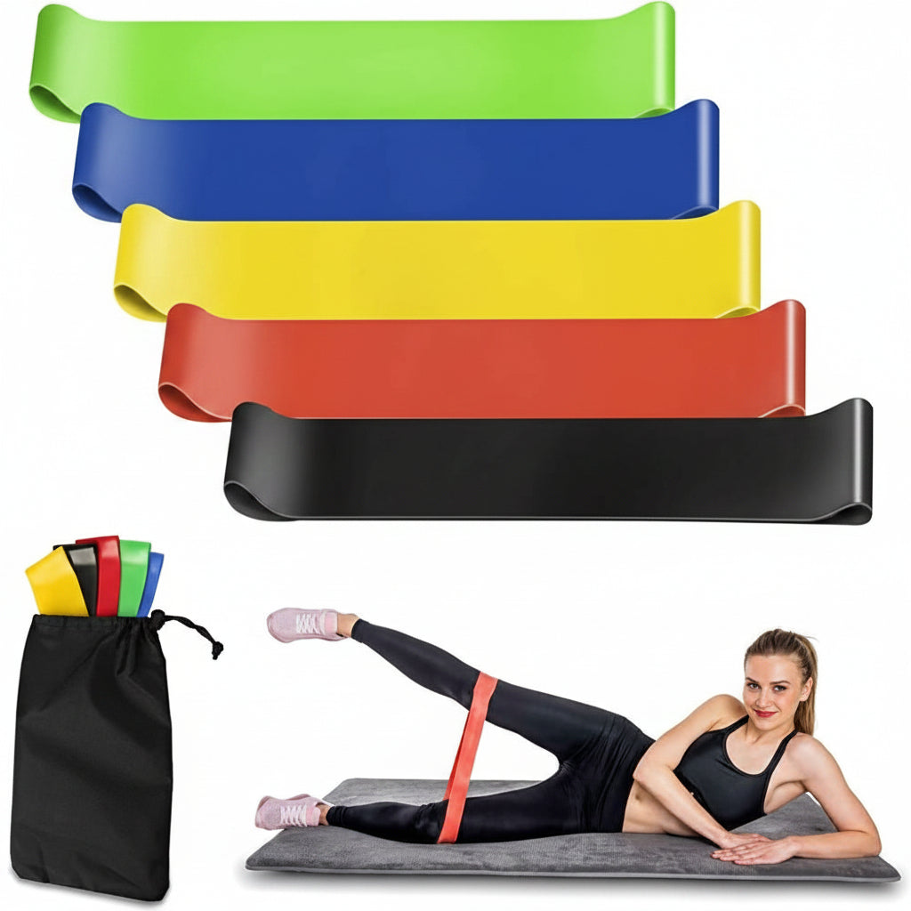 Set of resistance bands in various colors with a woman using a band on a mat.
