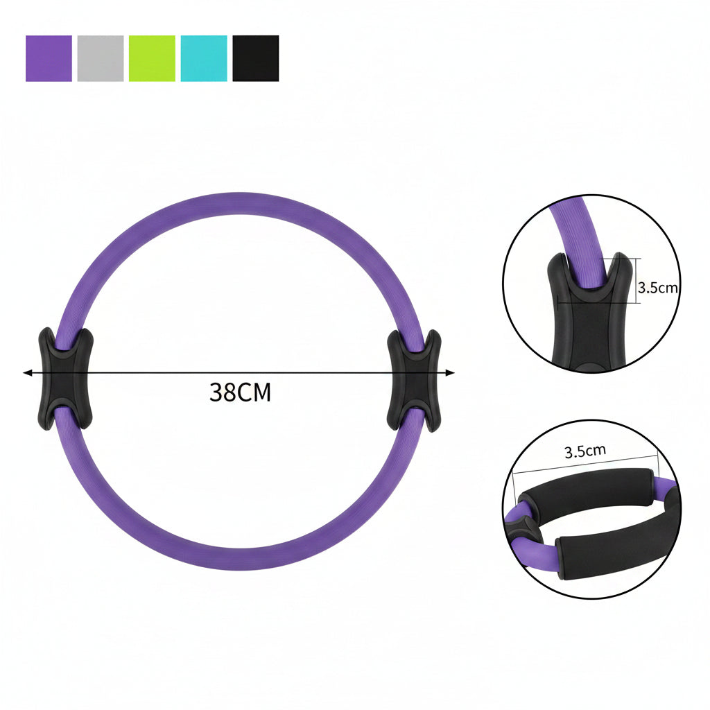 Purple Pilates ring with measurement details on a white background