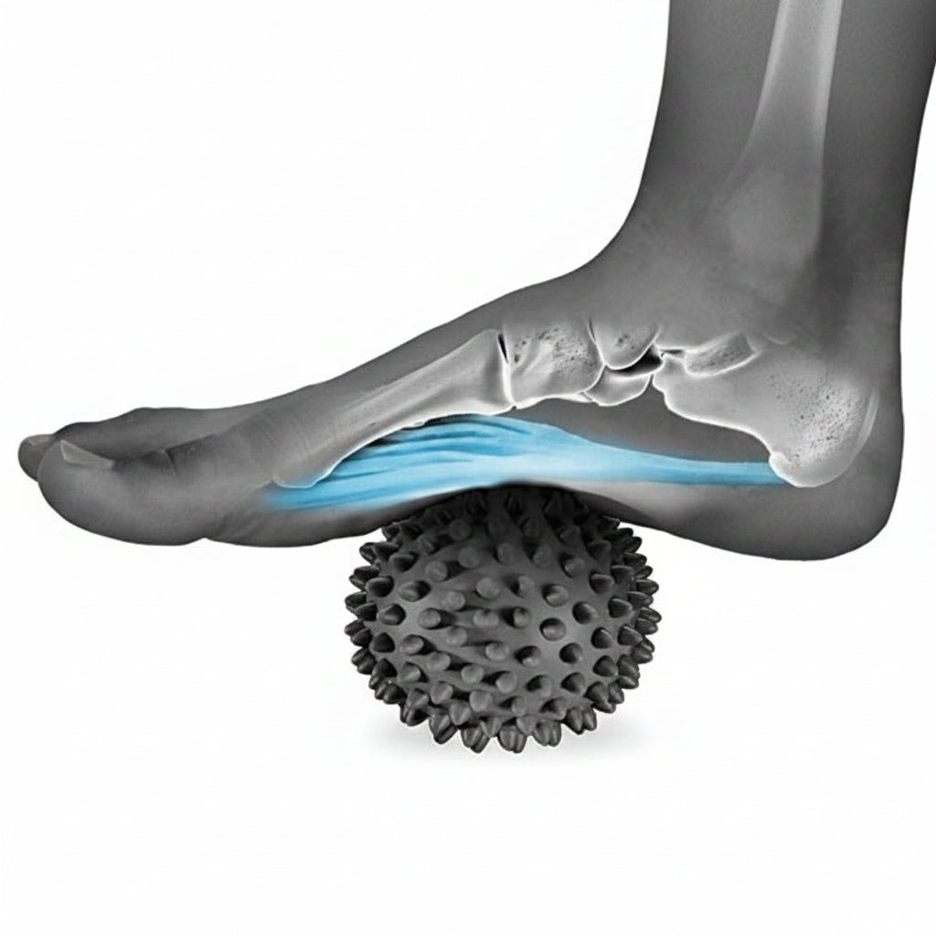 Illustration of a foot with a massage ball applying pressure to the sole.