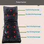 Black massage pillow with red dots and product features listed on a beige background
