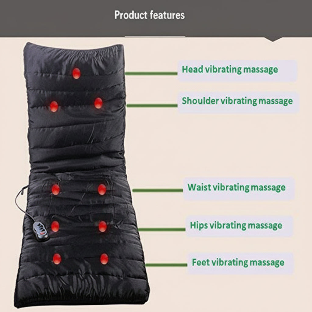 Black massage pillow with red dots and product features listed on a beige background