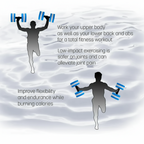 An informational fitness graphic with two silhouetted people exercising with blue dumbbells over a light gray water-like background, accompanied by text about upper-body and lower-body workouts, low-impact exercise benefits, and flexibility improvement.