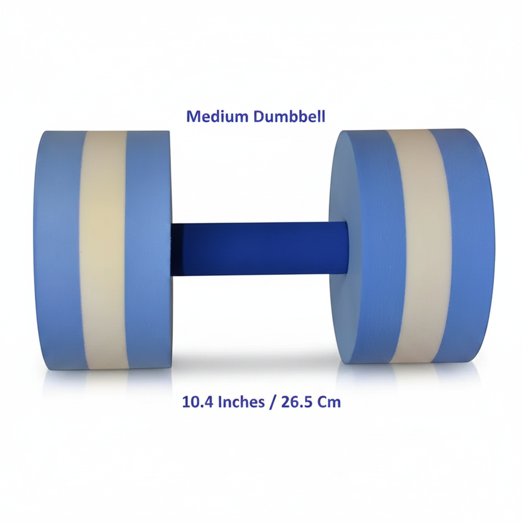 A medium blue and white striped foam dumbbell with a solid blue handle, shown on a white background with text indicating its size as 10.4 inches / 26.
