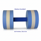 A medium blue and white striped foam dumbbell with a solid blue handle, shown on a white background with text indicating its size as 10.4 inches / 26.