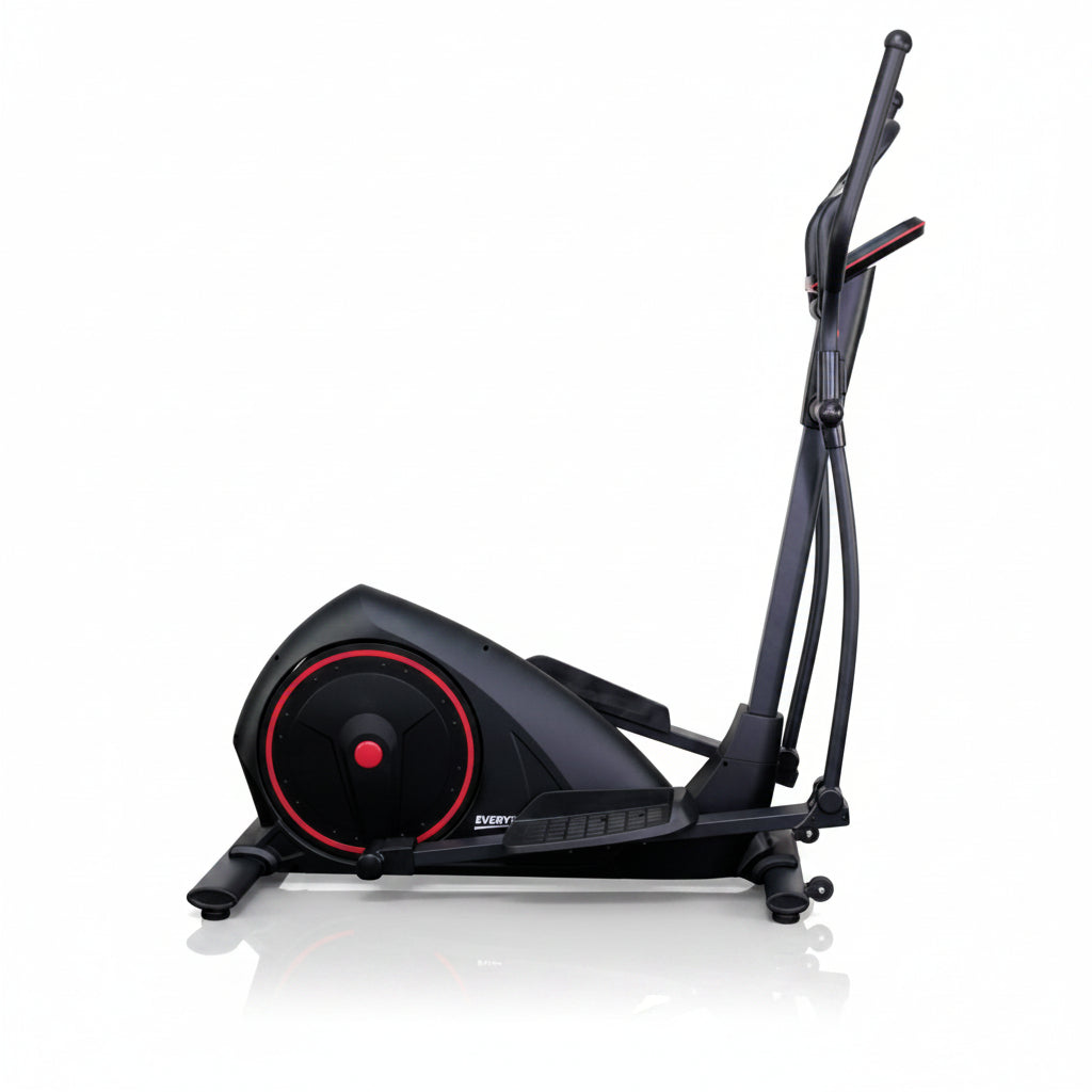Elliptical trainer with red accents on a white background, featuring the TH&R Bike logo.