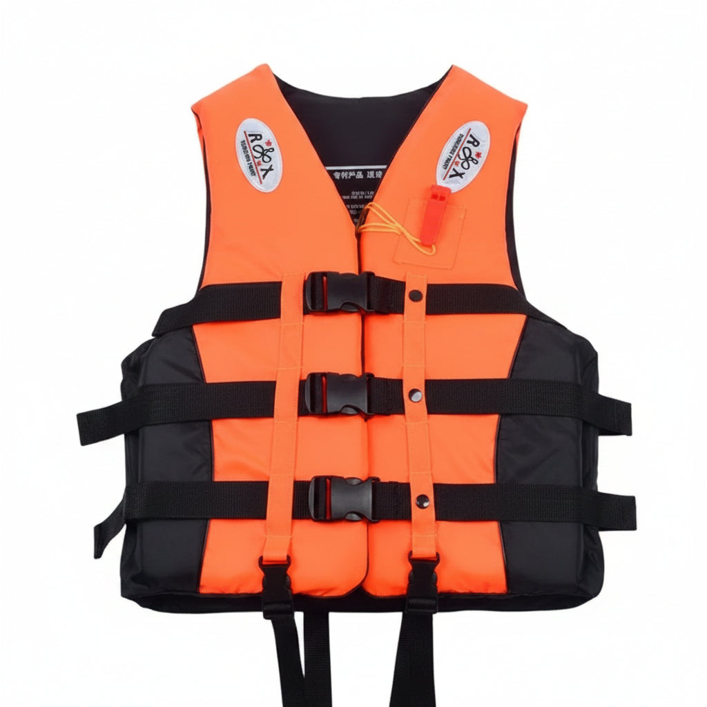 An orange and black life jacket with multiple black straps and buckles, featuring 'H&R' and 'Pegasi' brand patches on the chest, shown against a plain white background.
