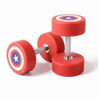 Red dumbbells with Captain America shield design on a white background