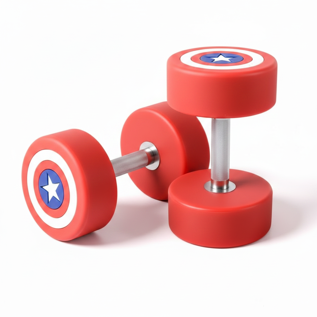 Red dumbbells with Captain America shield design on a white background